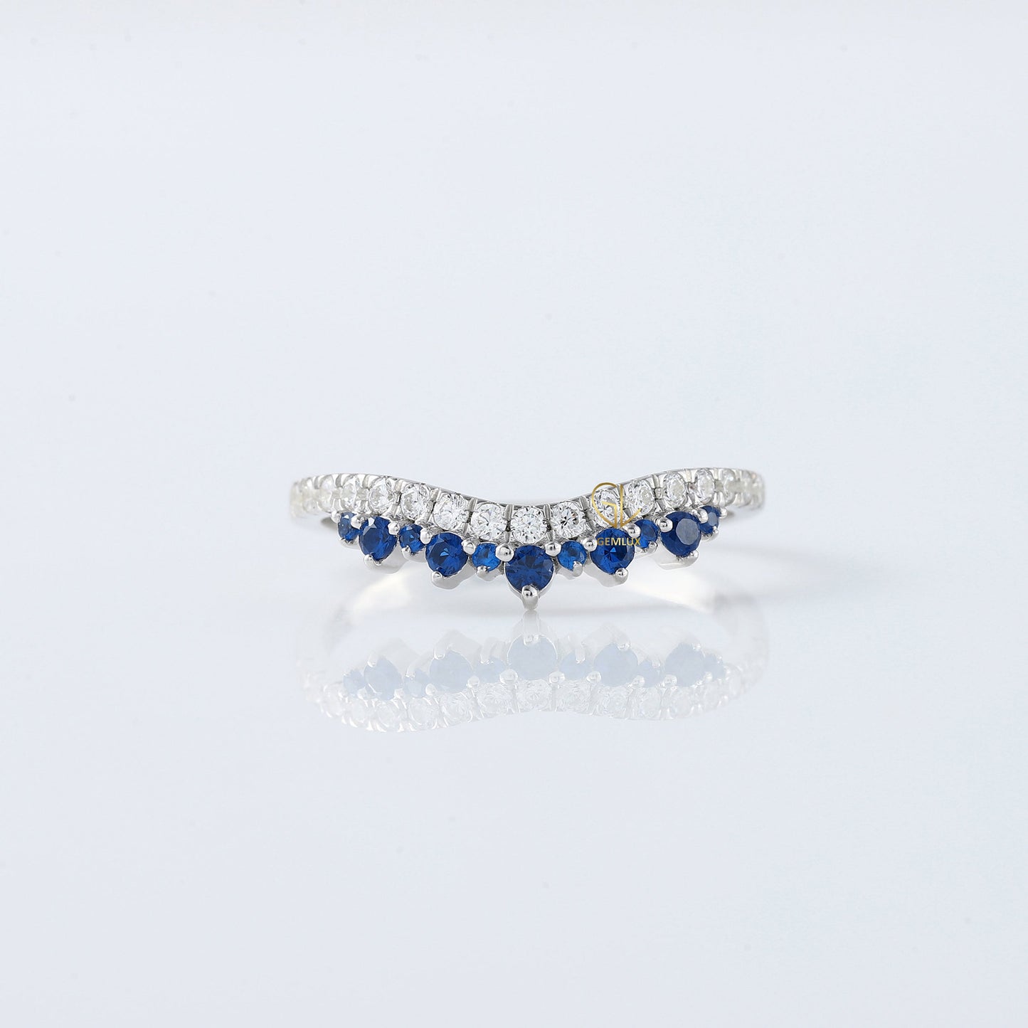 Blue Sapphire Round Cut Moissanite Diamond Chevron Band