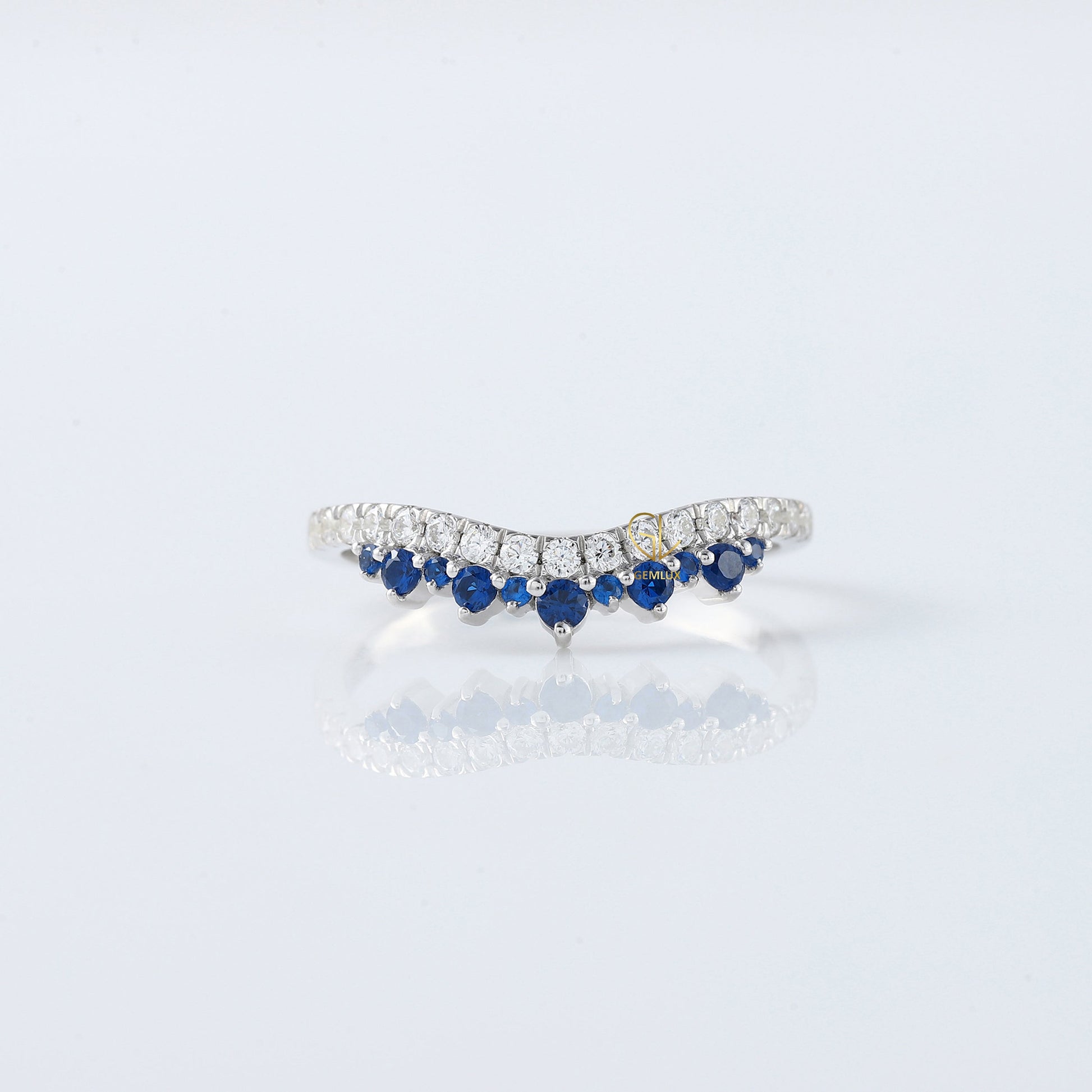 Blue Sapphire Round Cut Moissanite Diamond Chevron Band