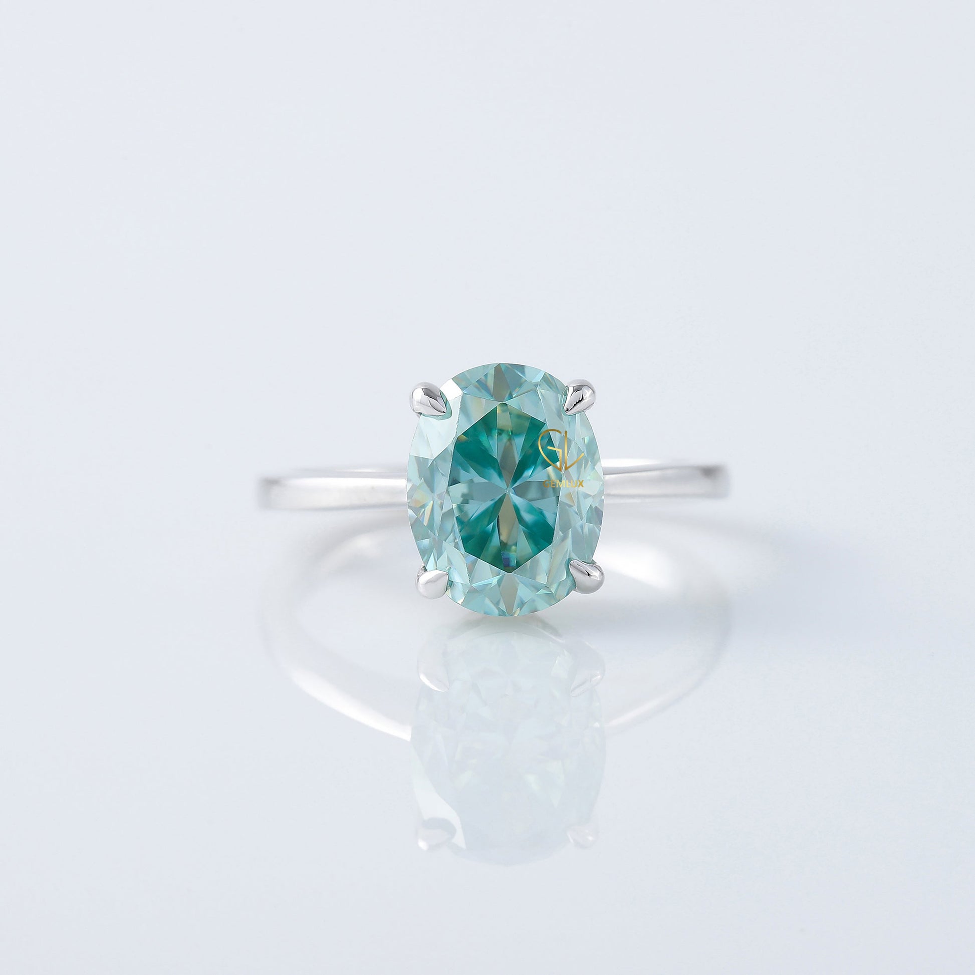 Blue Aquamarine Oval Cut Moissanite Solitaire Ring