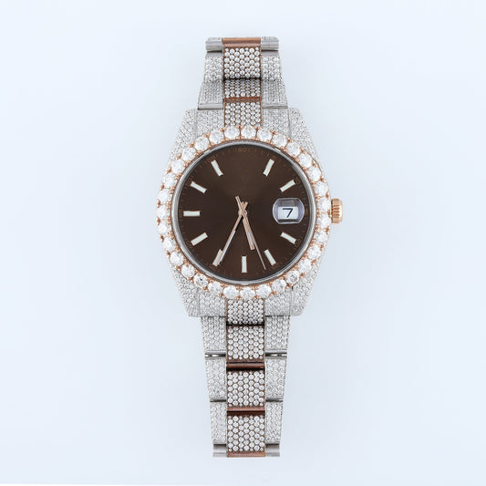 Brown Dial Oyster Belt Iced Out D VVS Moissanite Diamond Hip Hop Watch