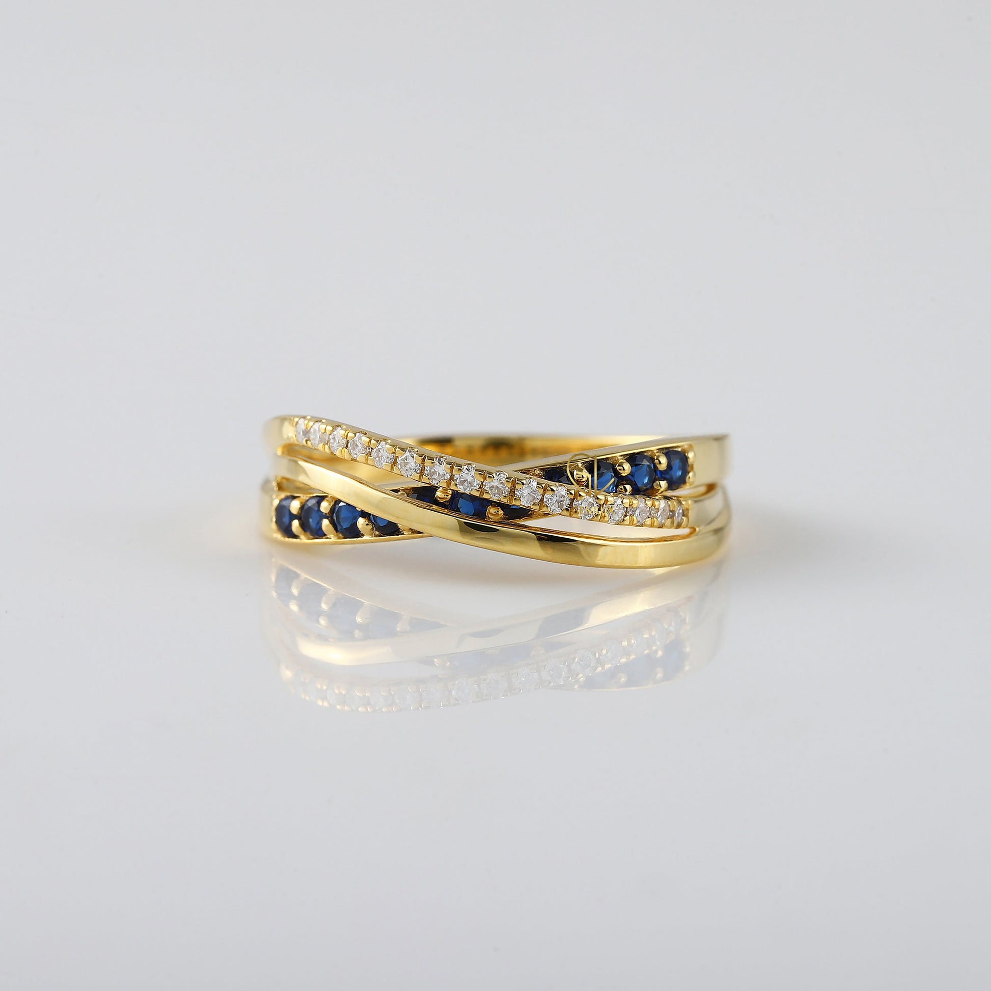 Criss Cross Blue Sapphire Moissanite Engagement Ring