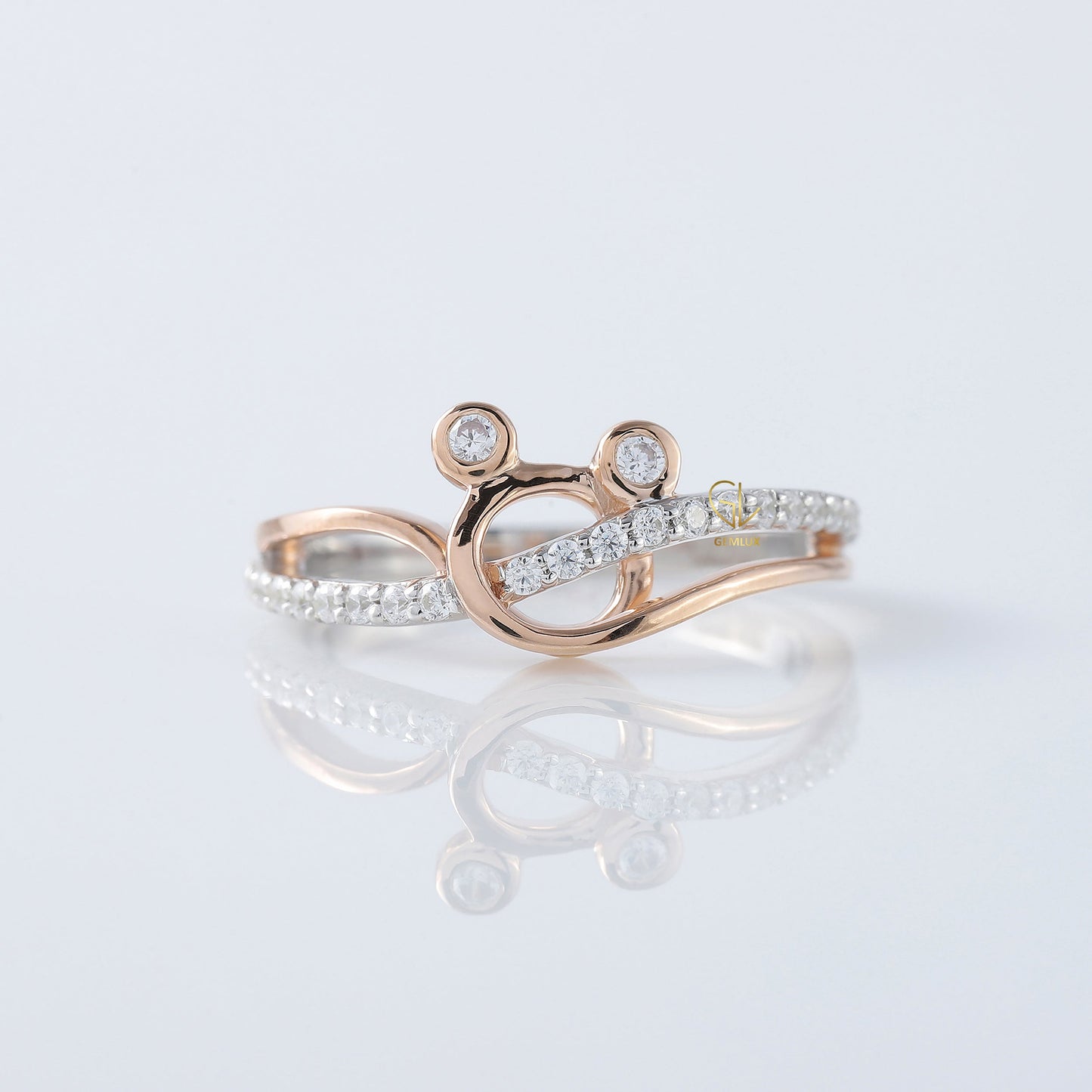 Cross Over Two Tone Minnie Mickey Mouse Face Moissanite Ring 