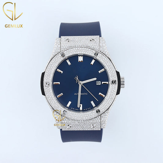 D VVS Moissanite Blue Dial Rubber Strap Hip Hop Watch