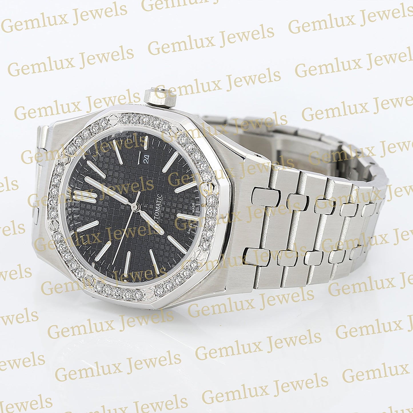 Date Just Black Dial Moissanite Diamond Bezel Wrist Watch For Men