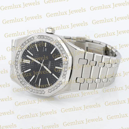 Date Just Black Dial Moissanite Diamond Bezel Wrist Watch For Men