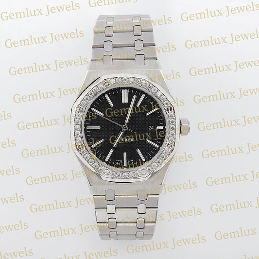 Date Just Black Dial Moissanite Diamond Bezel Wrist Watch For Men