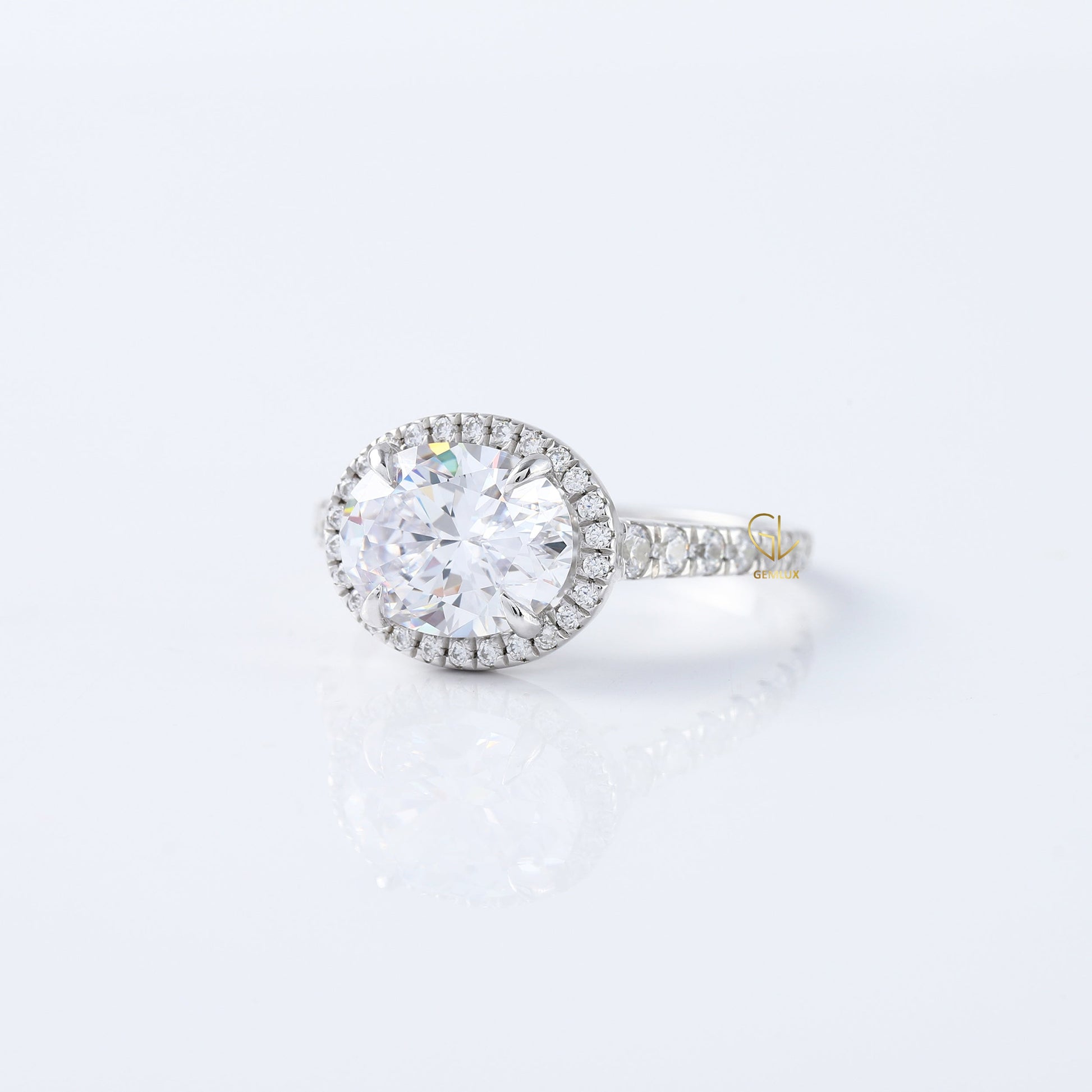 East West Oval Cut Lab Grown Halo Engagement Ring