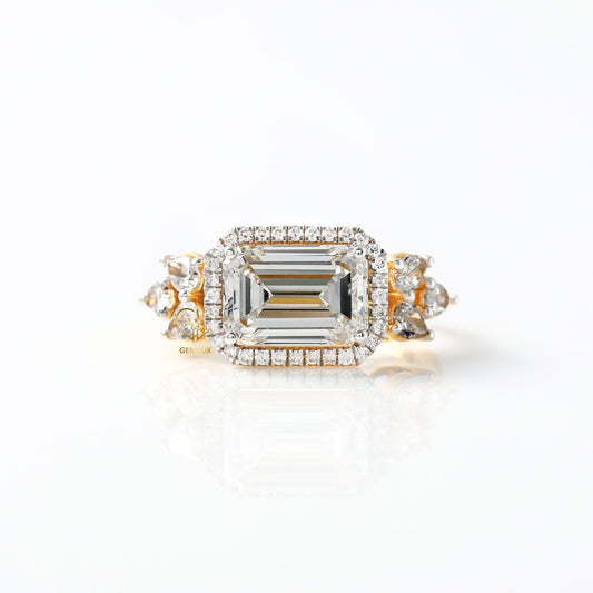 East West 3 ct Emerald Cut Lab Grown Halo Engagement Ring