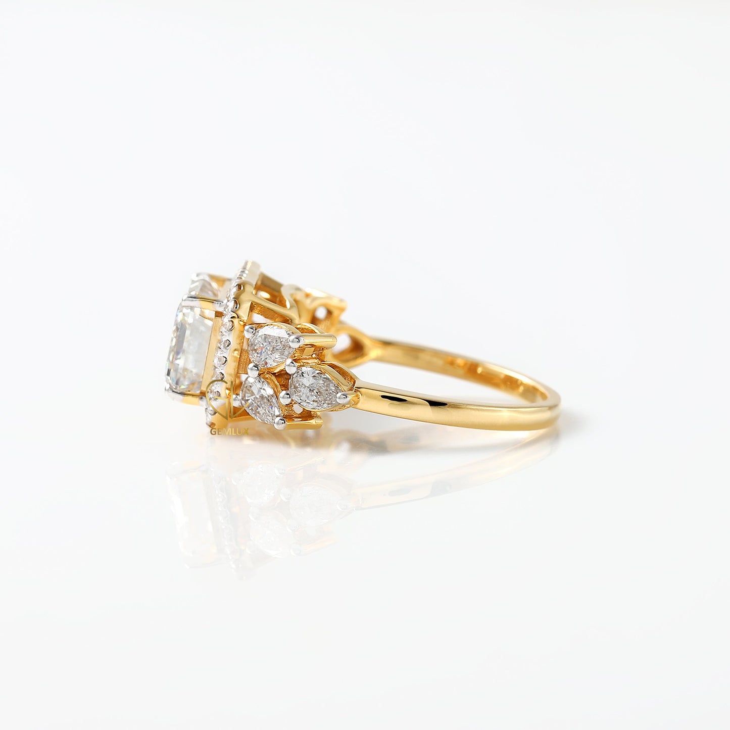 East West 3 ct Emerald Cut Lab Grown Halo Engagement Ring