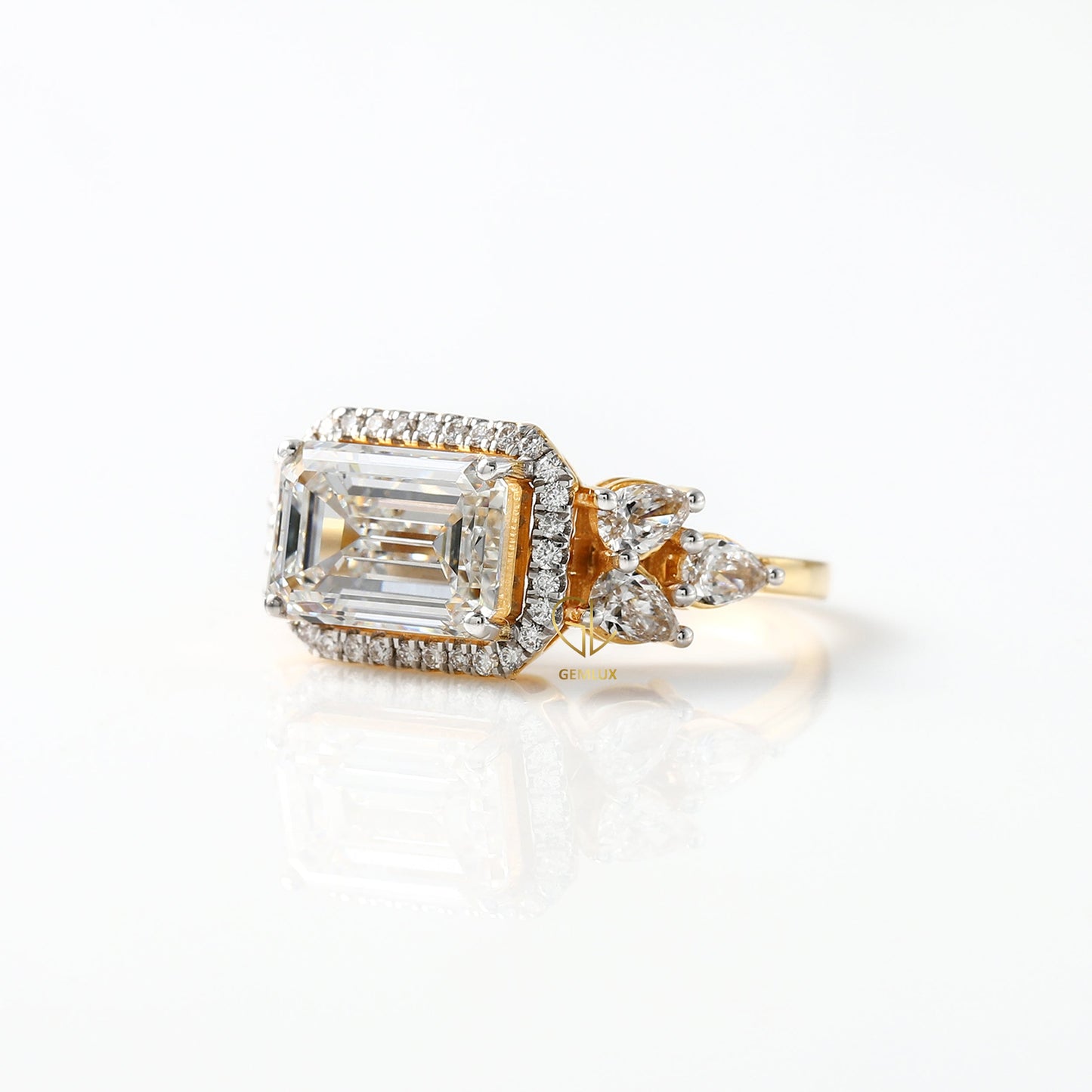 East West 3 ct Emerald Cut Lab Grown Halo Engagement Ring
