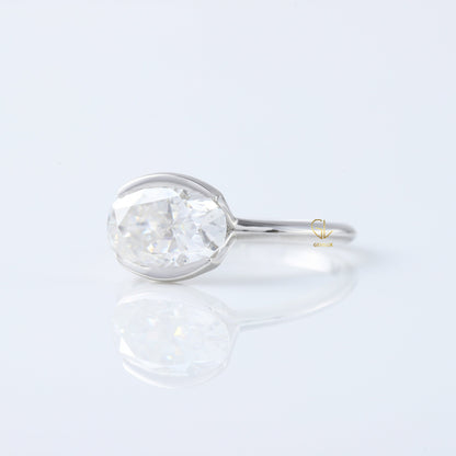 East West Oval Lab Grown Diamond Solitaire Ring - Half Bezel