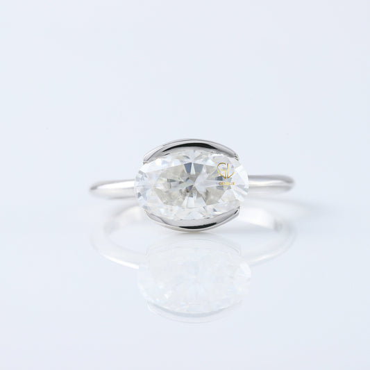 East West Oval Lab Grown Diamond Solitaire Ring - Half Bezel