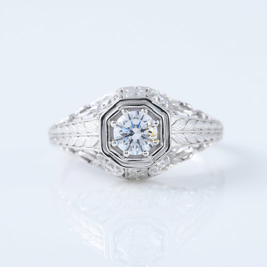Edwardian Round Moissanite Filigree Vintage Inspired Ring