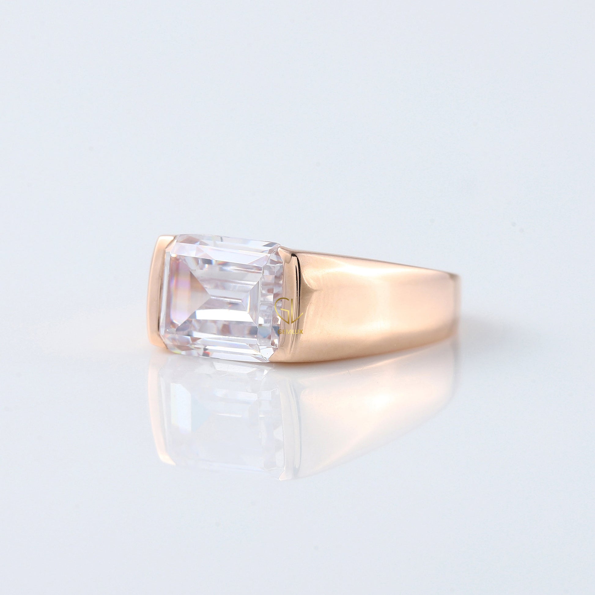 Emerald Cut Moissanite Diamond East To West Solitaire Ring