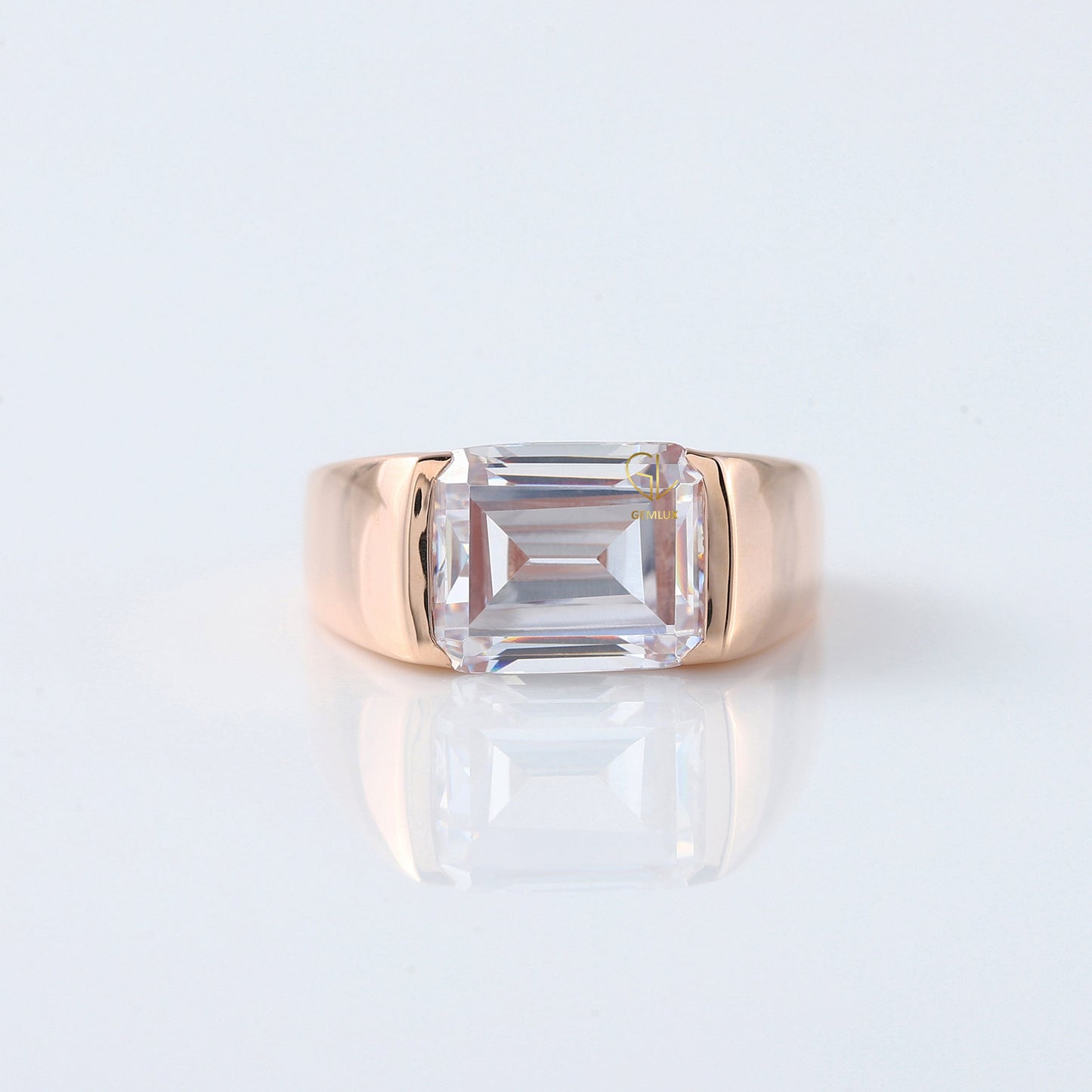 Emerald Cut Moissanite Diamond East To West Solitaire Ring
