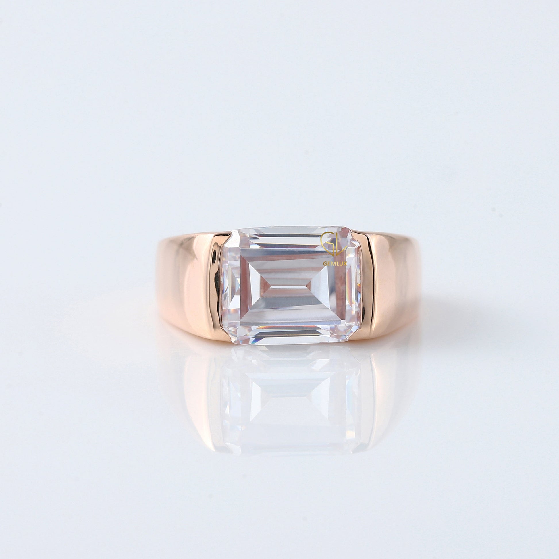 Emerald Cut Moissanite Diamond East To West Solitaire Ring