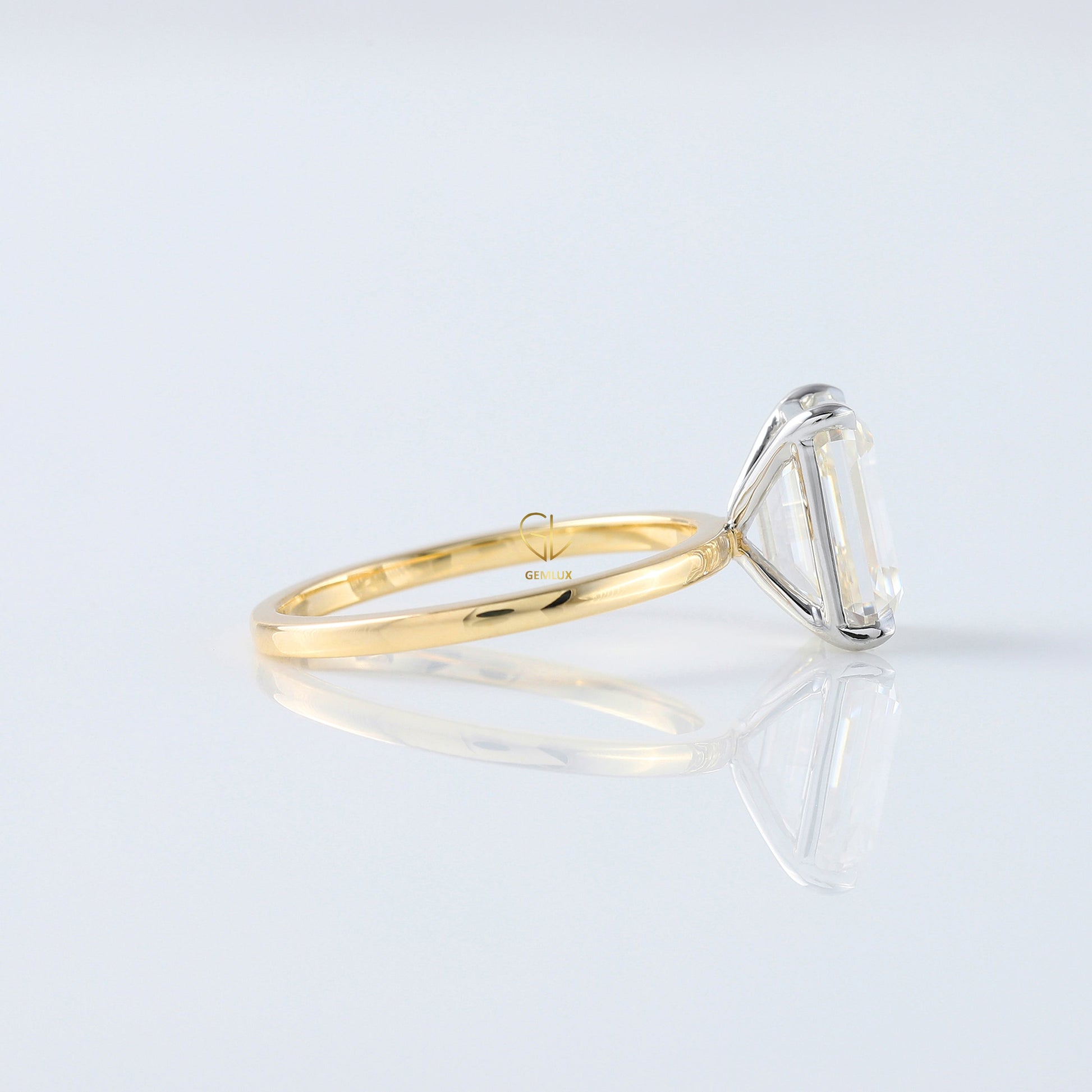 Emerald Cut Moissanite Solitaire Two Tone Engagement Ring