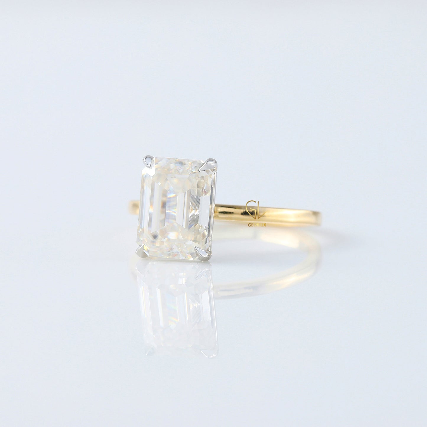 Emerald Cut Moissanite Solitaire Two Tone Engagement Ring