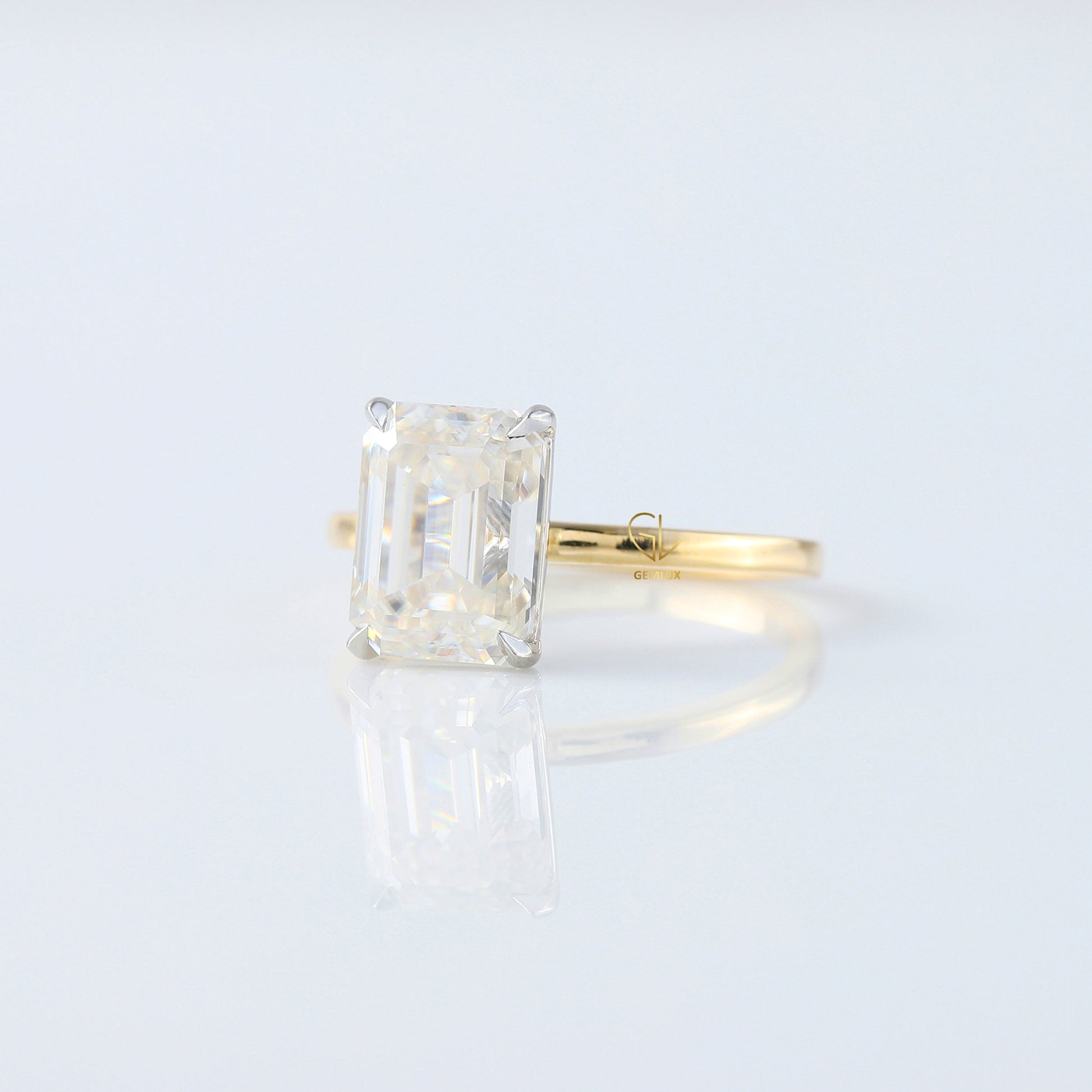 Emerald Cut Moissanite Solitaire Two Tone Engagement Ring