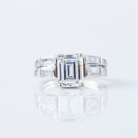 Emerald Cut Moissanite Diamond Three Stone Engagement Ring With Matching Open Cuff Band