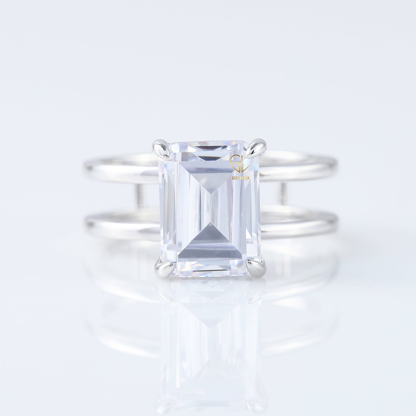 Emerald Cut Moissanite Double Band Solitaire Ring