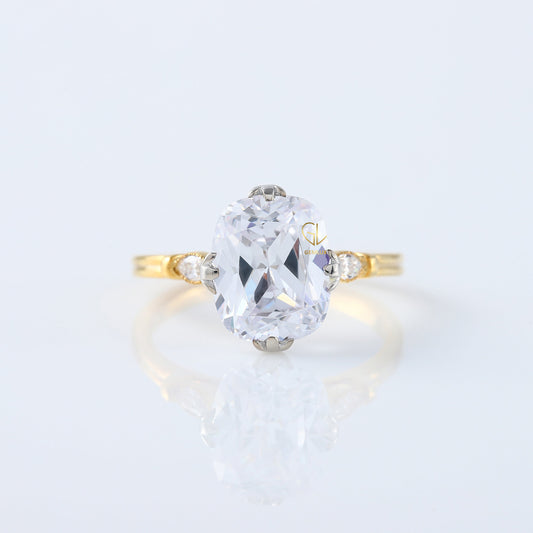 Fish Tail Prong Three Stone Elongated Cushion Cut Moissanite Ring