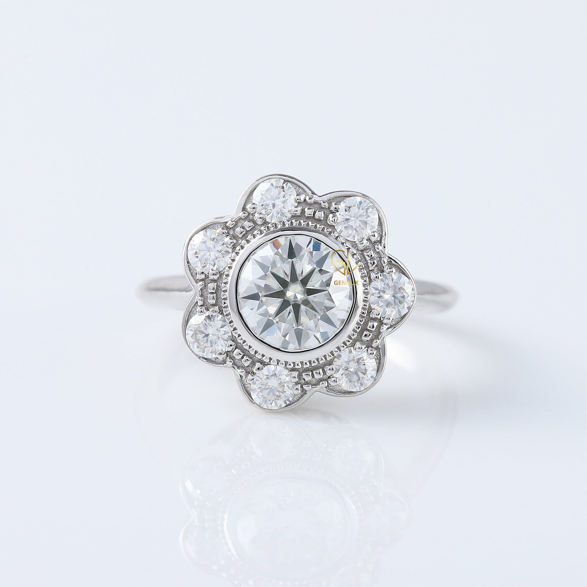 Floral Halo Bezel Set Round Moissanite Vintage Ring