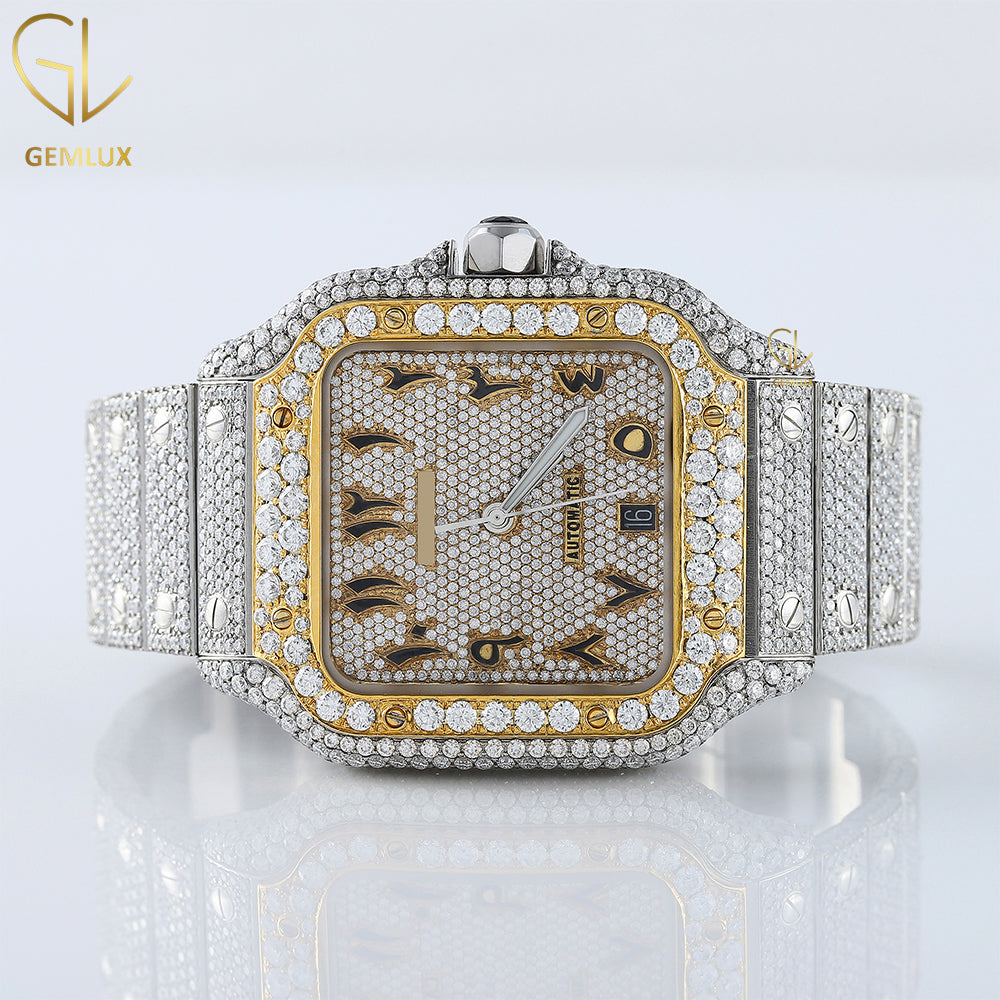 Arabic Dial Two Tone Yellow Gold Iced Out Lab Grown Watch