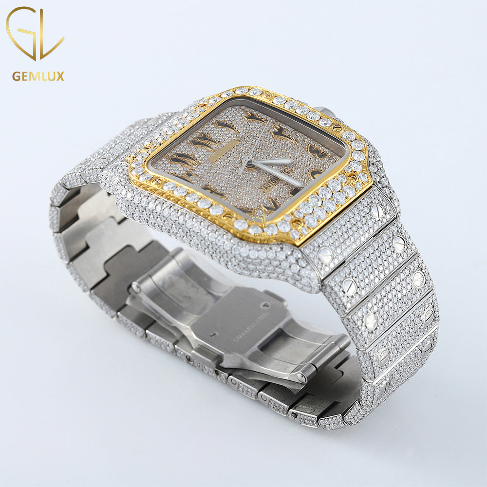 Two Tone Arabic Dial Iced Out VVS Moissanite Diamond Watch