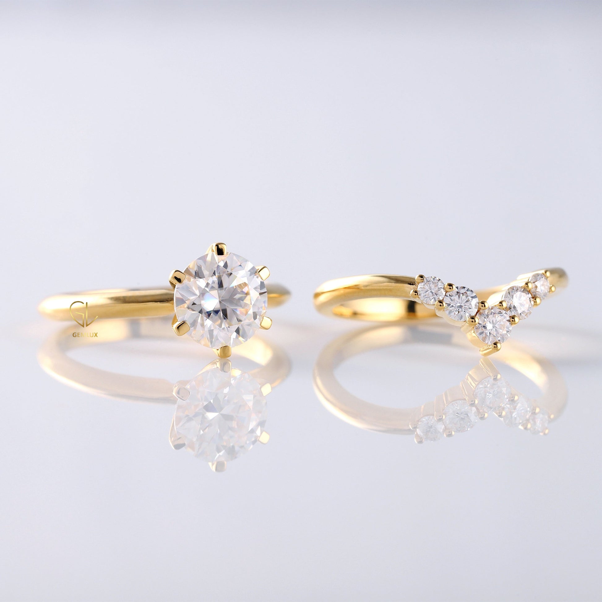 Certified Round Cut Lab Grown Diamond Solitaire Engagement Ring With Matching Curved Ring Set