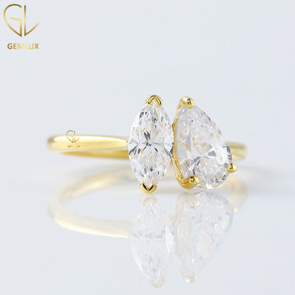 Two Stone Marquise & Pear Cut Moissanite Diamond Toi Et Moi Engagement Ring