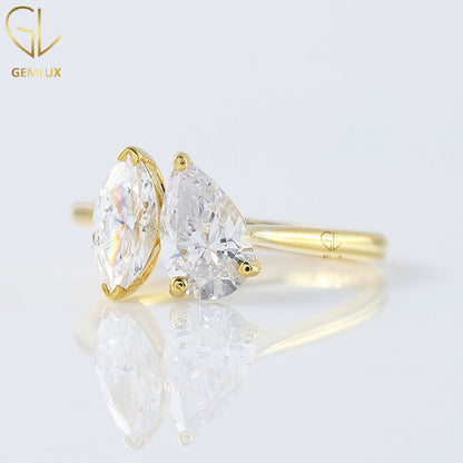 Two Stone Marquise & Pear Cut Moissanite Diamond Toi Et Moi Engagement Ring