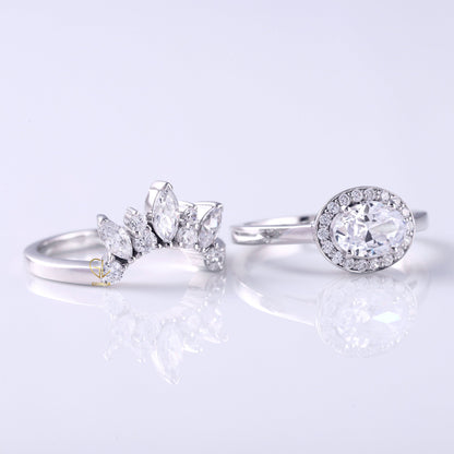 East To West Oval Moissanite Ring With Curved Matching Bridal Ring Set