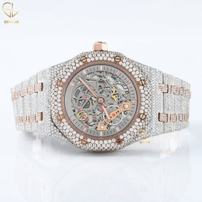 Two Tone Rose Gold Skeleton Dial Iced Out Lab Grown Diamond Watch