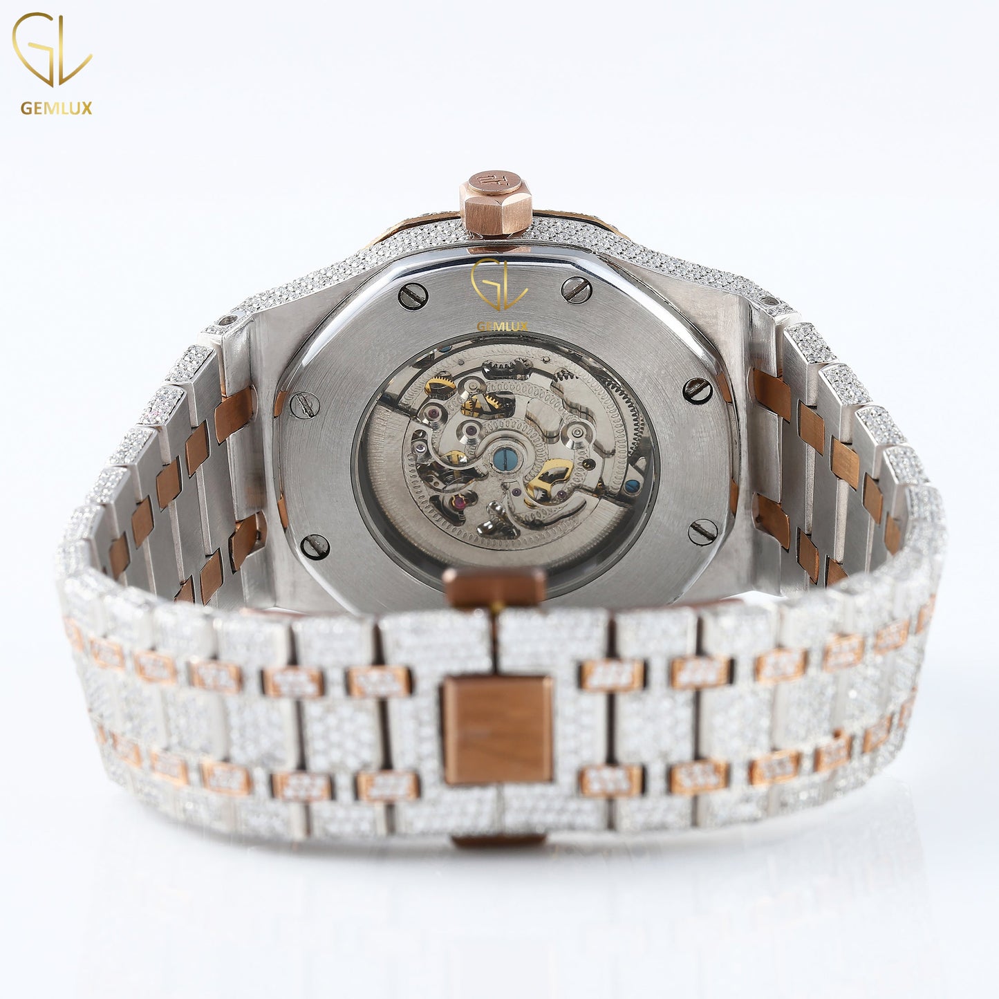 Two Tone Rose Gold Skeleton Dial Iced Out Lab Grown Diamond Watch