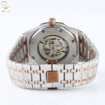 Two Tone Rose Gold Skeleton Dial Iced Out Lab Grown Diamond Watch
