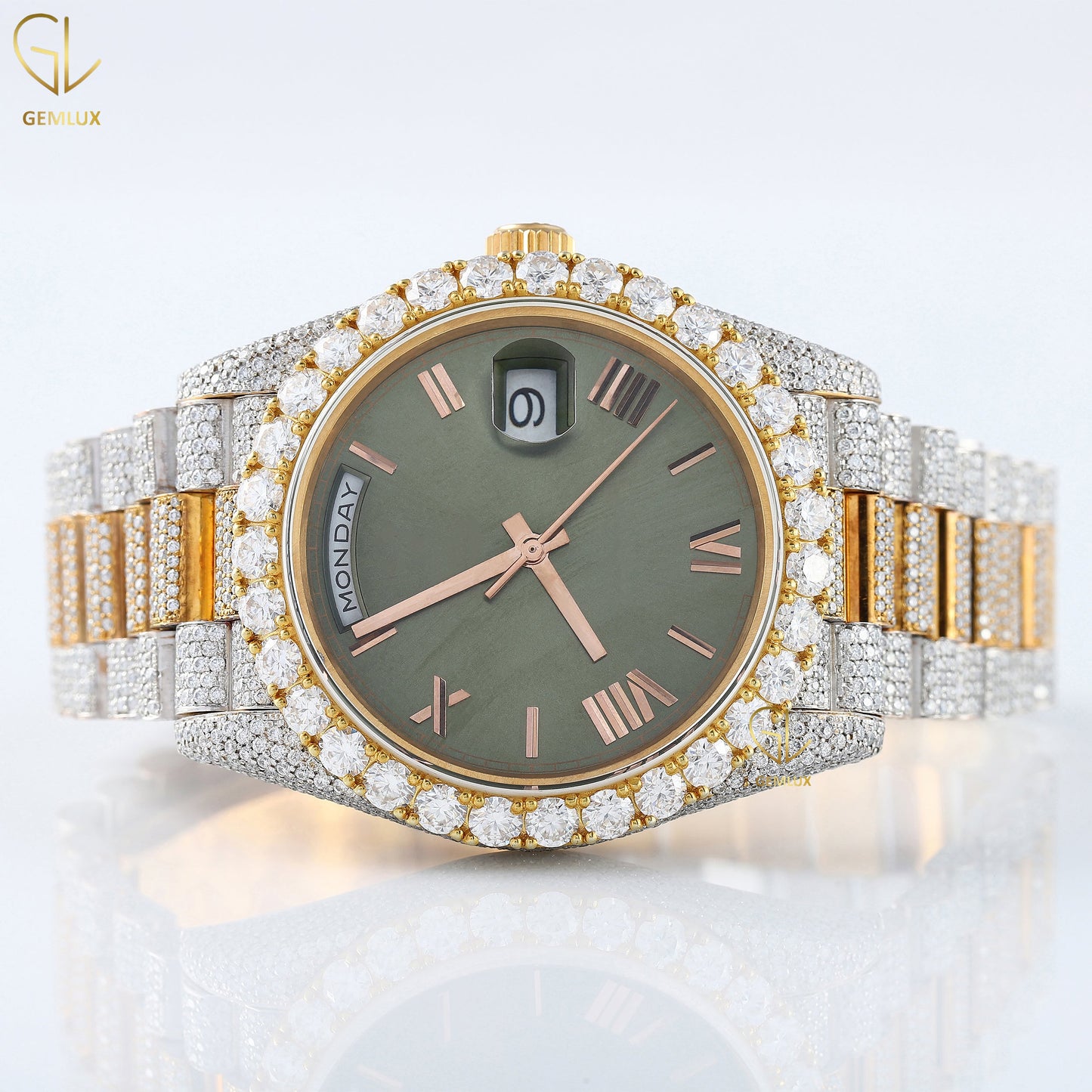 Day Date Roman Green Dial Iced Out Lab Grown Diamond Watch