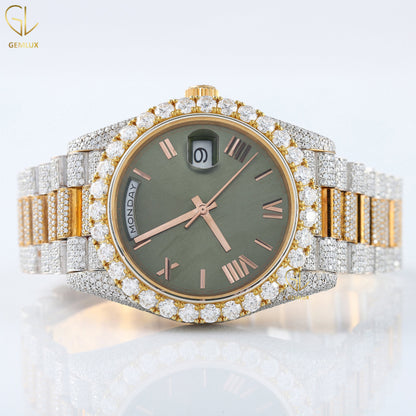 Day Date Roman Green Dial Iced Out Lab Grown Diamond Watch