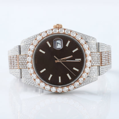 Brown Dial Oyster Belt Iced Out D VVS Moissanite Diamond Hip Hop Watch