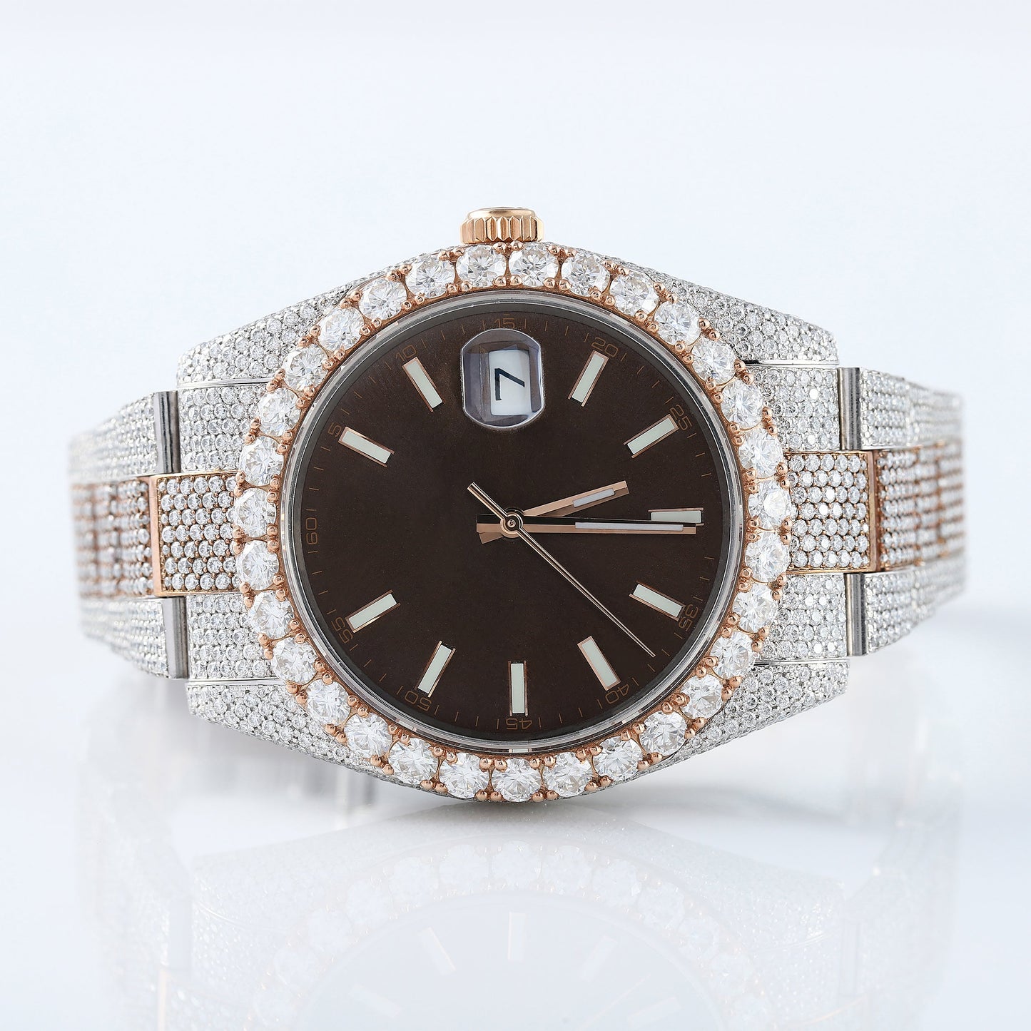 Two Tone Rose Gold Automatic Movement Brown Face Iced Out Lab Grown Watch