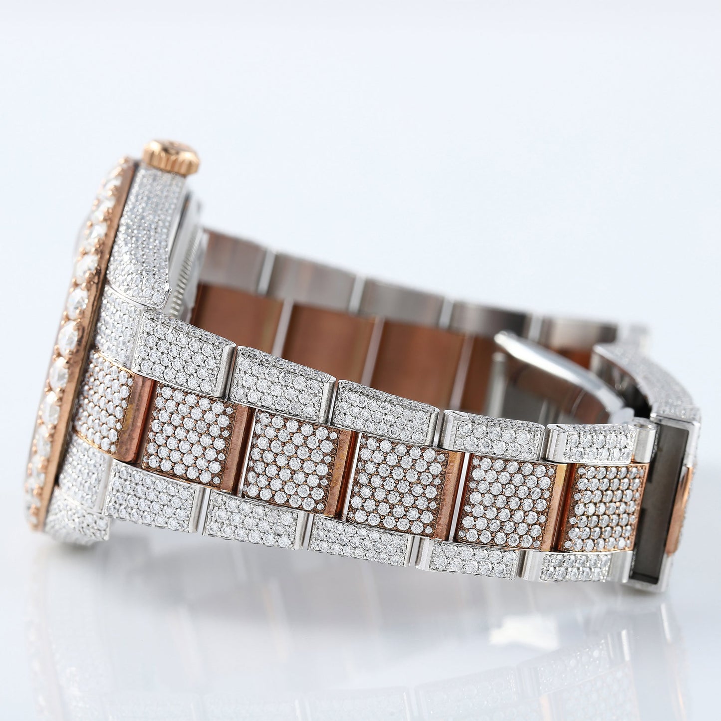 Two Tone Rose Gold Automatic Movement Brown Face Iced Out Lab Grown Watch