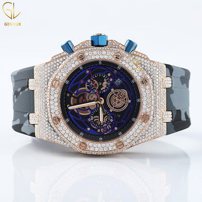 Grey Camouflage Rubber Belt Iced Out Bezel Moissanite Watch