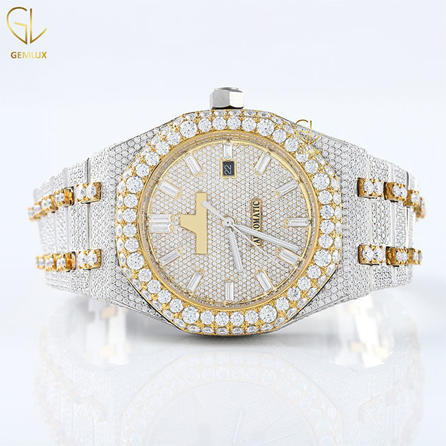 Two Tone Yellow Gold Iced Out D VVS Moissanite Diamond Watch