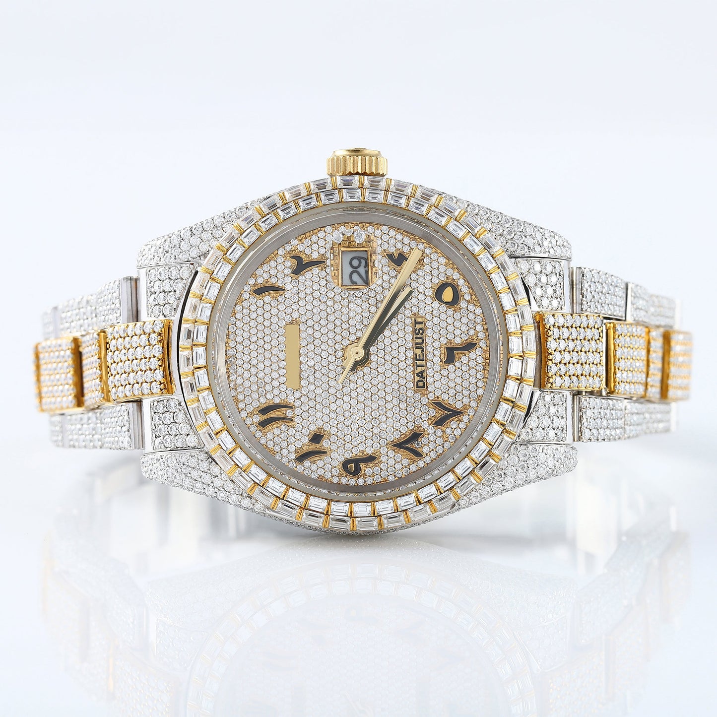 Two Tone Yellow Gold Arabic Dial Iced Out D VVS Moissanite Diamond Watch
