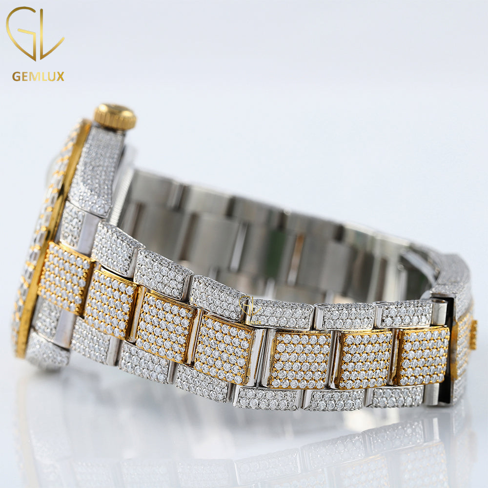 Two Tone Yellow Gold Automatic Movement Arabic Dial Iced Out Lab Grown Watch