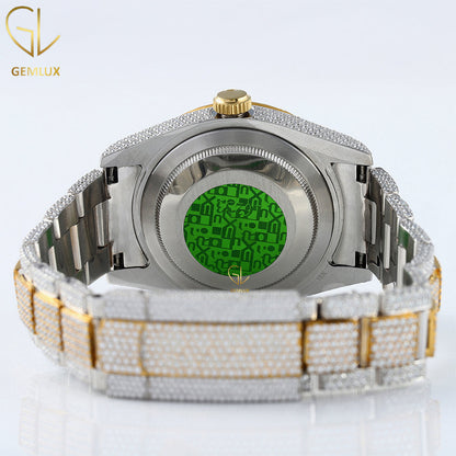 Two Tone Yellow Gold Automatic Movement Arabic Dial Iced Out Lab Grown Watch