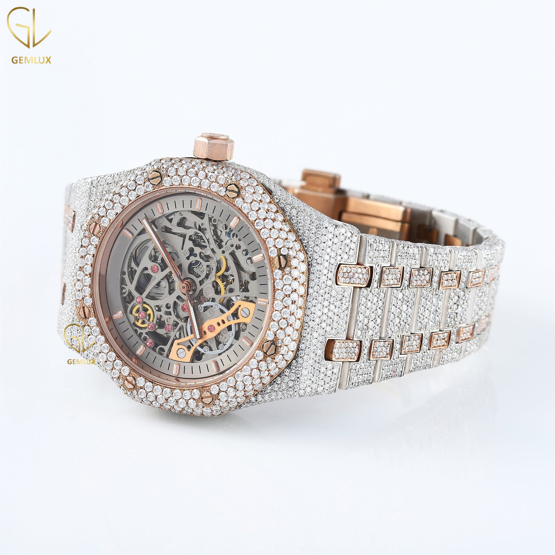 Two Tone Rose Gold Skeleton Dial Iced Out Lab Grown Diamond Watch