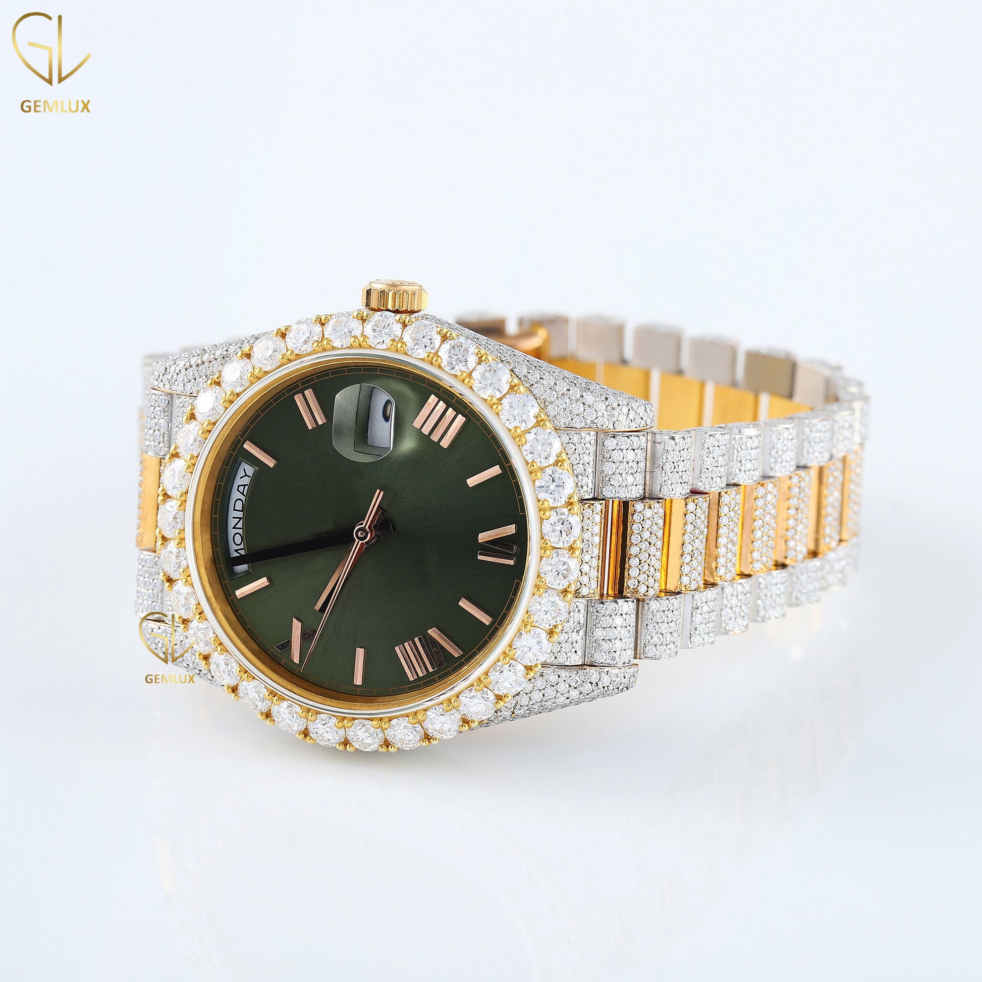 Day Date Roman Green Dial Iced Out Lab Grown Diamond Watch