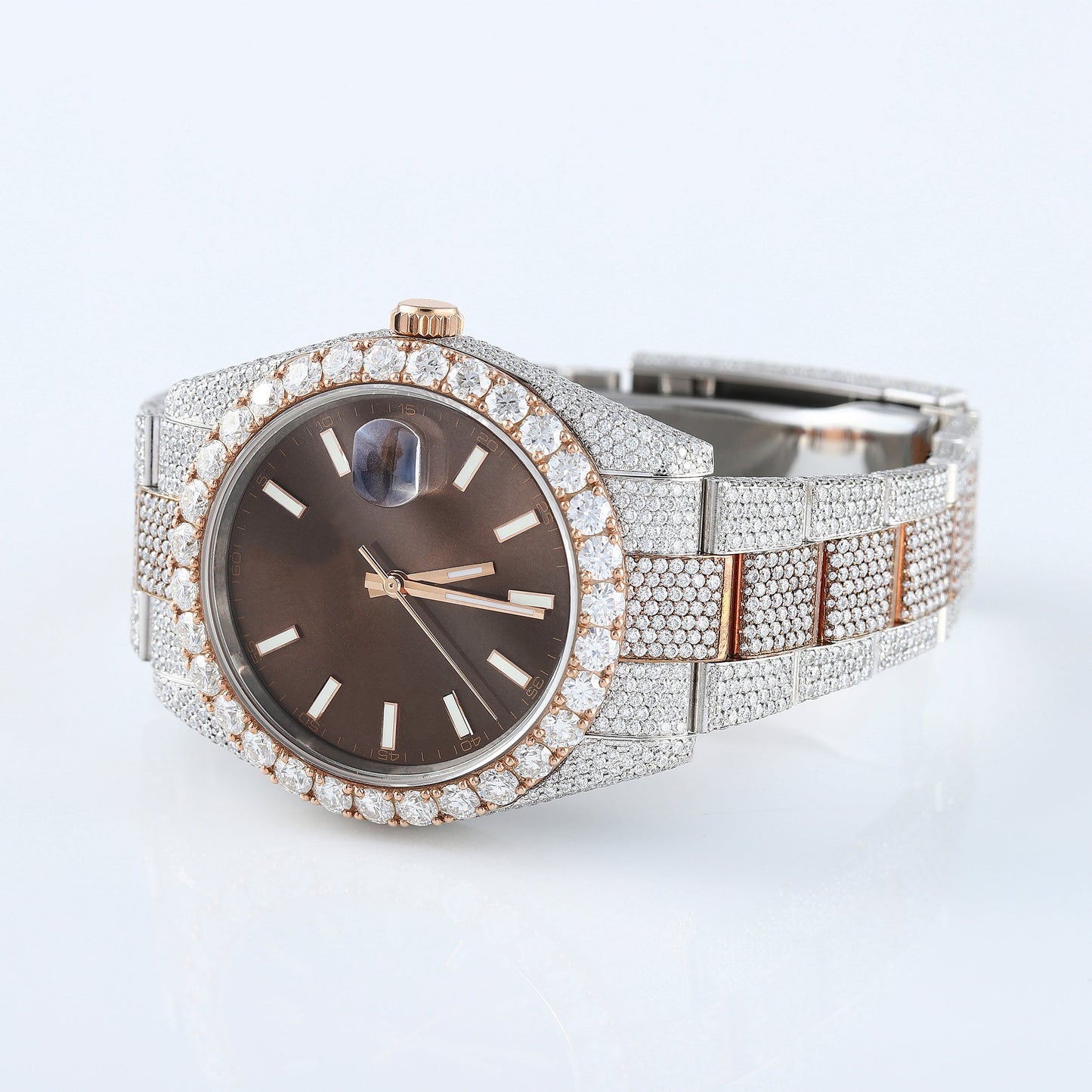 Brown Dial Oyster Belt Iced Out D VVS Moissanite Diamond Hip Hop Watch