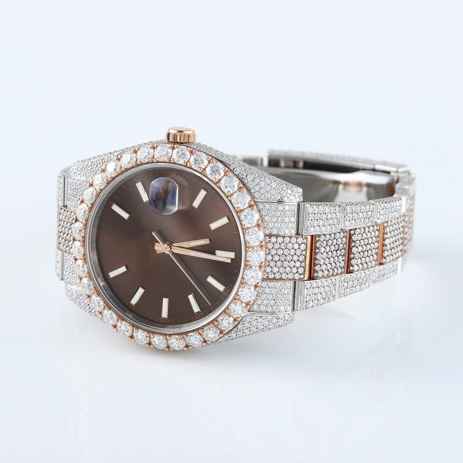 Brown Dial Oyster Belt Iced Out D VVS Moissanite Diamond Hip Hop Watch